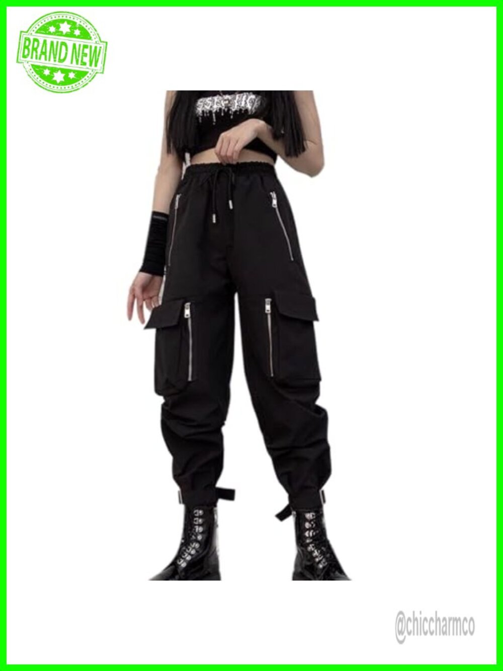 Women's Loose Wide Leg Cargo Pants Multi-Pocket Chained Punk Goth